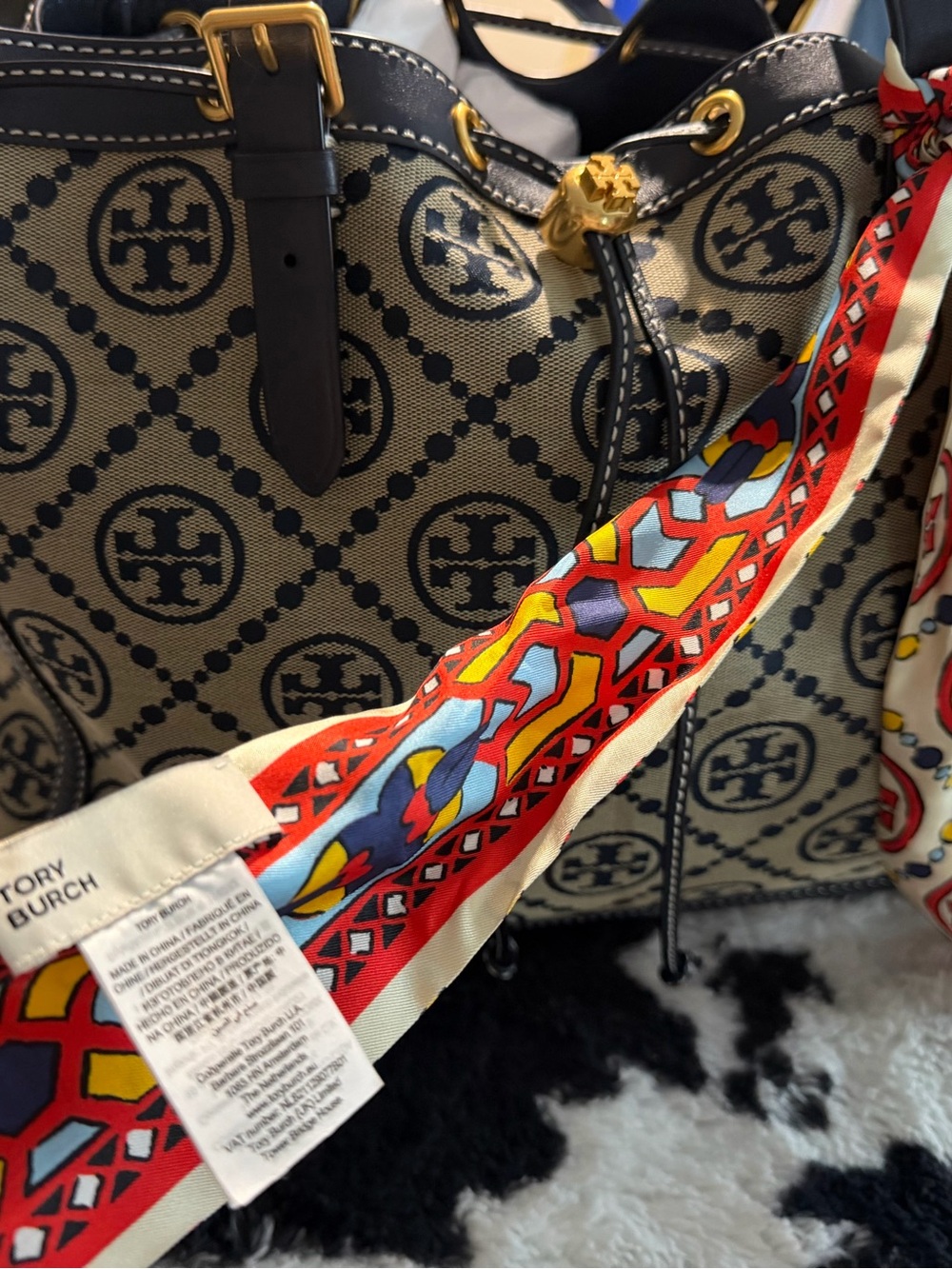 Tory Burch Navy and Cream Logo Canvas Tote with Multicolor Scarf